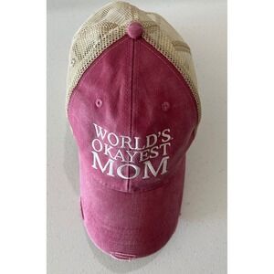 Adams World's Okayest Mom Distressed Trucker Hat Pink Mesh‎ Adjustable